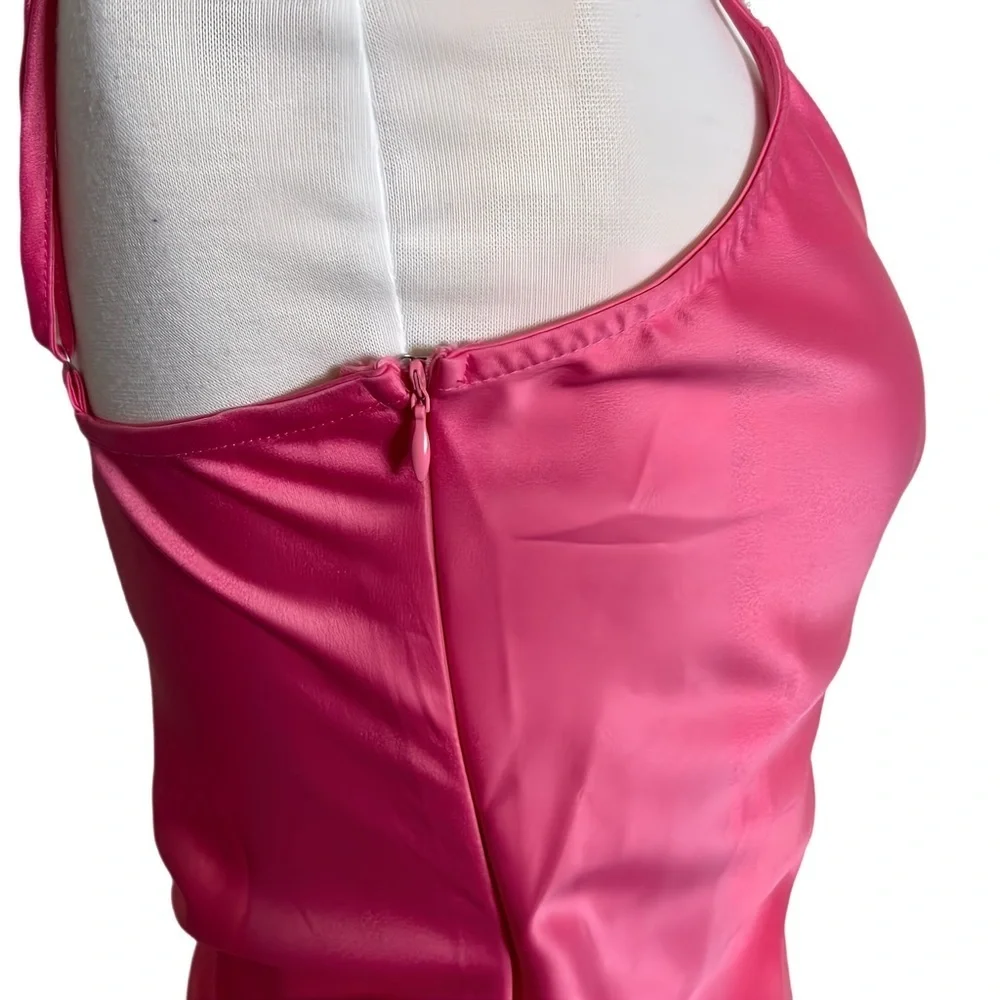 Glam Hot Pink Satin Slip Midi Dress Ruched Barbiecore Cocktail Party Womens S - Picture 4 of 11